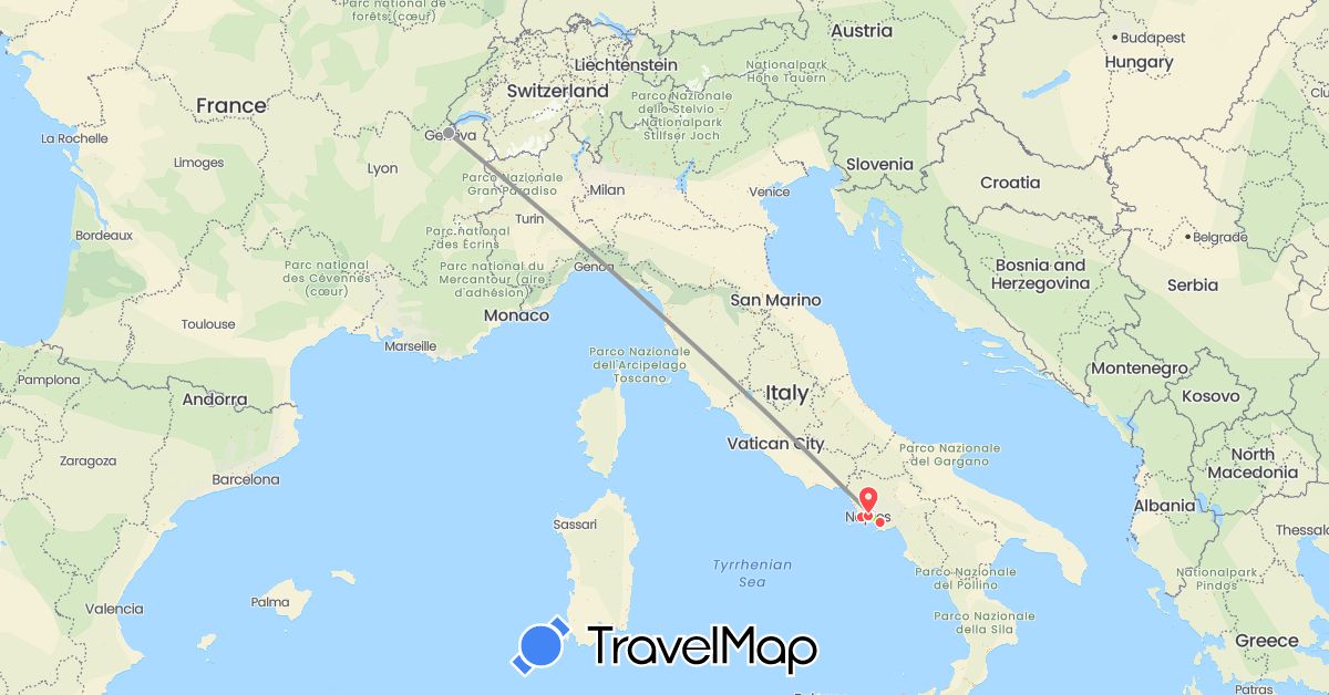 TravelMap itinerary: driving, bus, plane, hiking, train, metro, téléphérique in Switzerland, Italy (Europe)