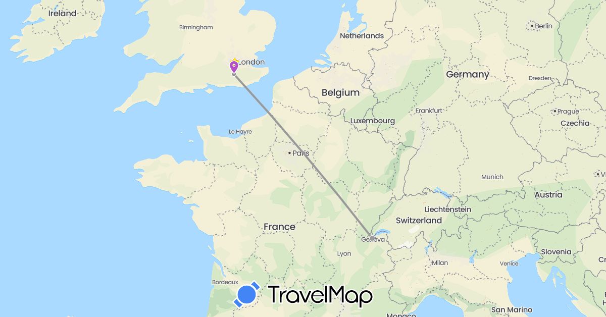 TravelMap itinerary: driving, bus, plane, train, hiking, boat, metro in Switzerland, United Kingdom (Europe)
