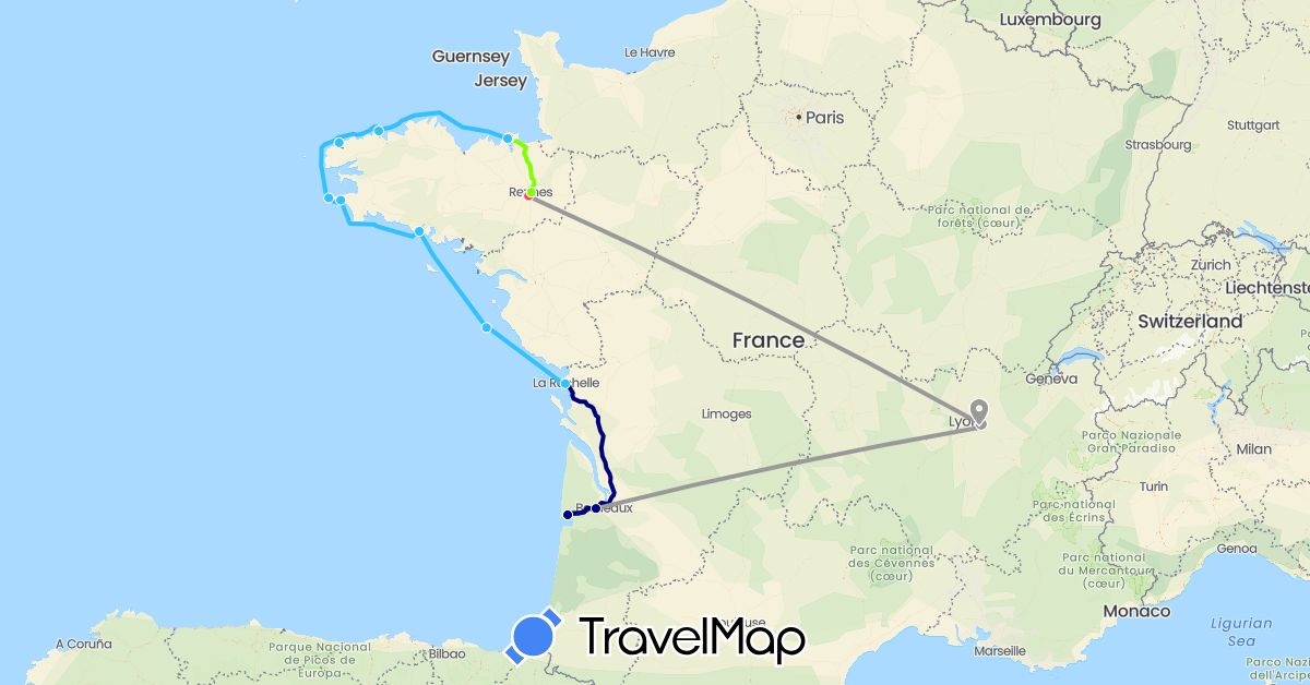 TravelMap itinerary: driving, plane, hiking, boat, train in France (Europe)
