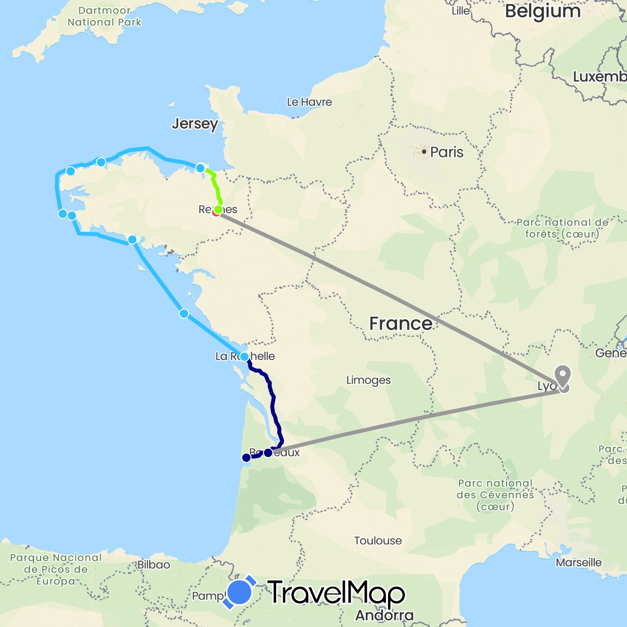 TravelMap itinerary: driving, plane, hiking, boat, train in France (Europe)