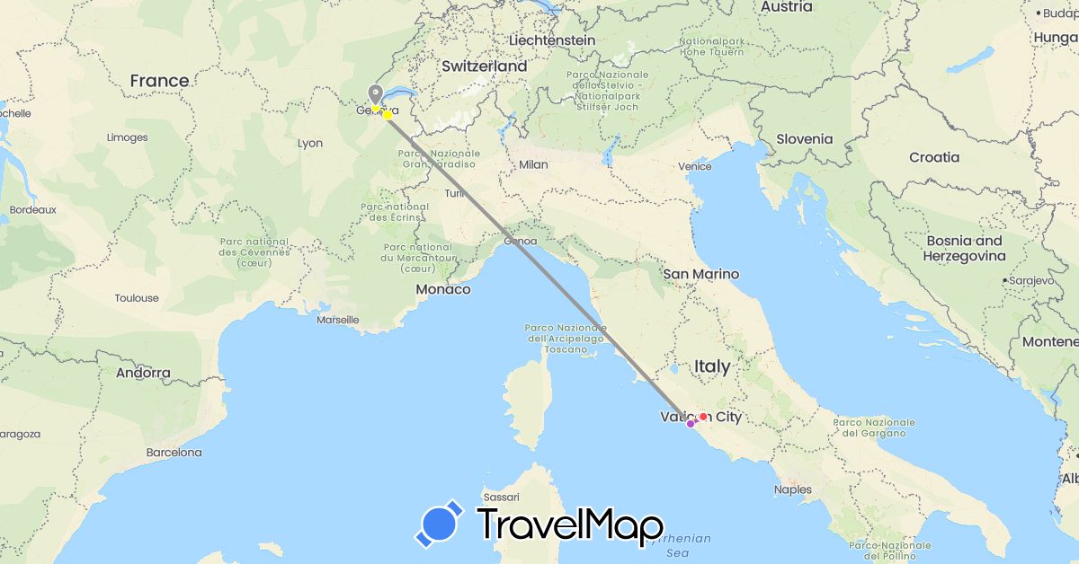 TravelMap itinerary: driving, bus, plane, train, hiking, taxi in Switzerland, France, Italy, Vatican City (Europe)
