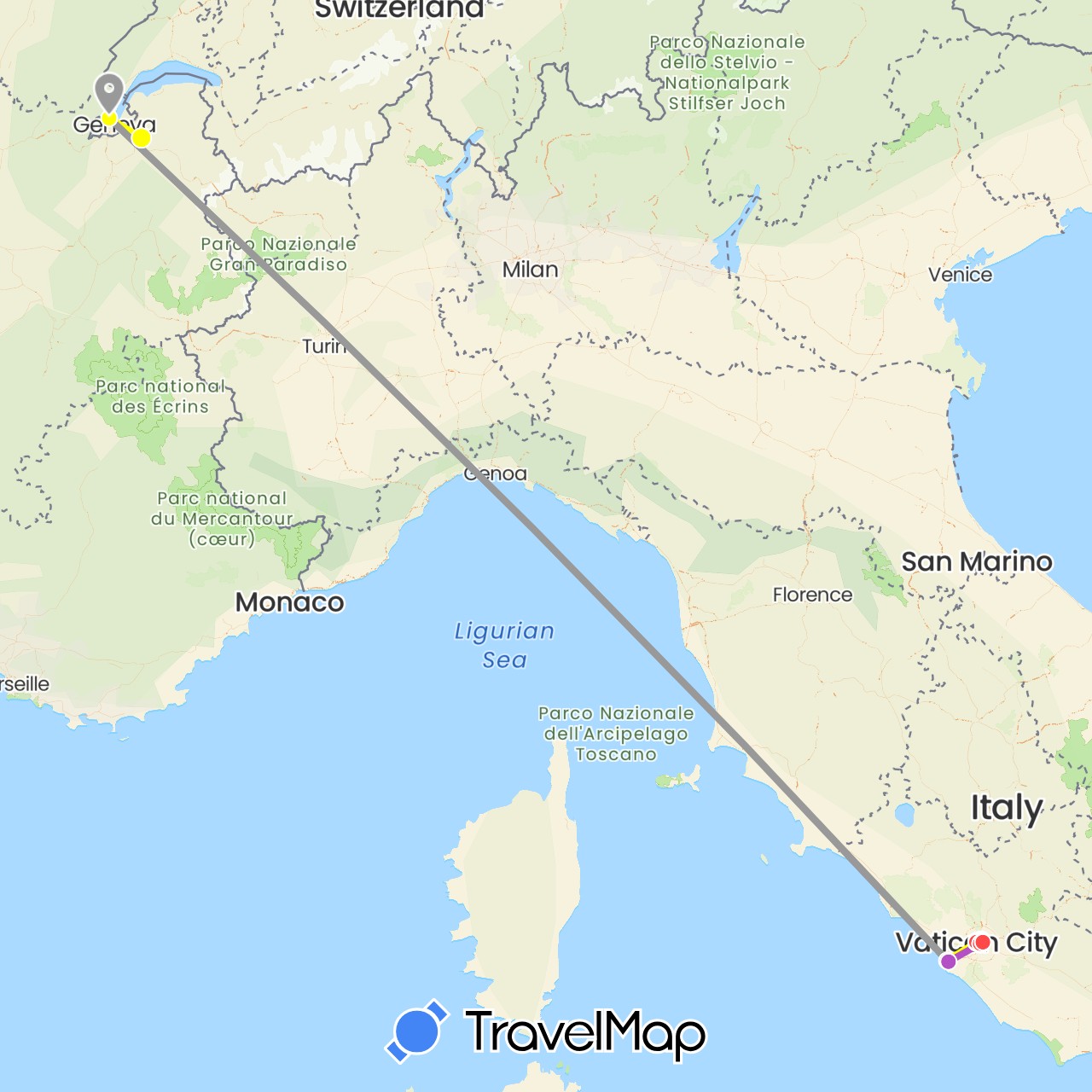 TravelMap itinerary: driving, bus, plane, train, hiking, taxi in Switzerland, France, Italy, Vatican City (Europe)