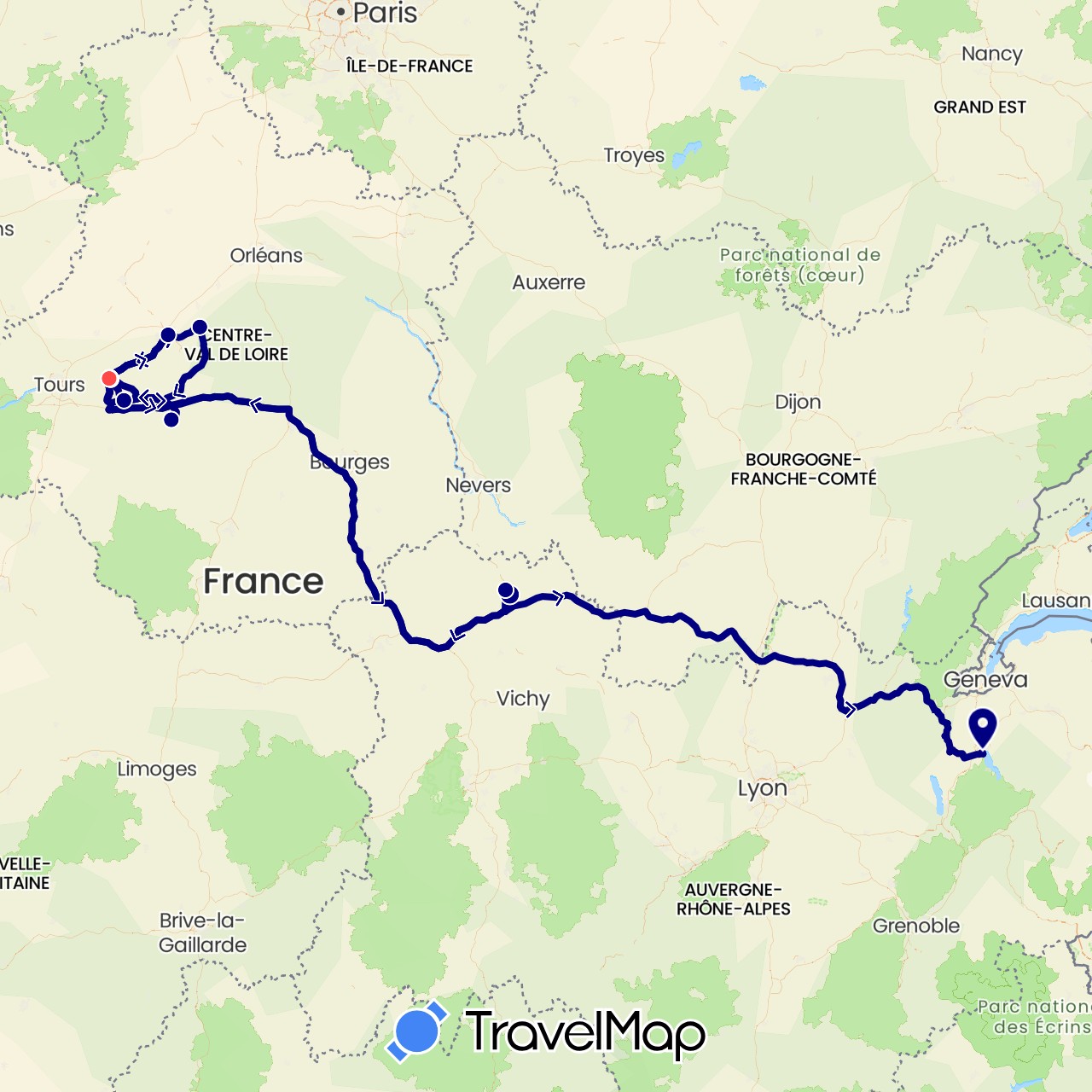 TravelMap itinerary: driving, train, hiking in France (Europe)
