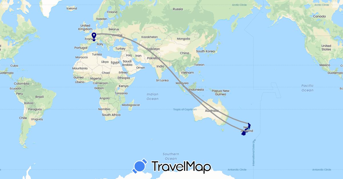 TravelMap itinerary: driving, bus, plane, cycling, hiking, boat in Germany, France, New Zealand, Singapore (Asia, Europe, Oceania)