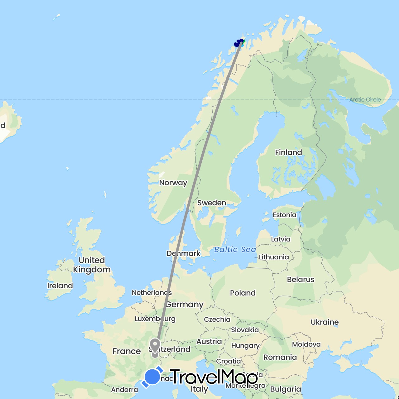 TravelMap itinerary: driving, bus, plane, hiking, boat, téléphérique in Switzerland, Norway (Europe)