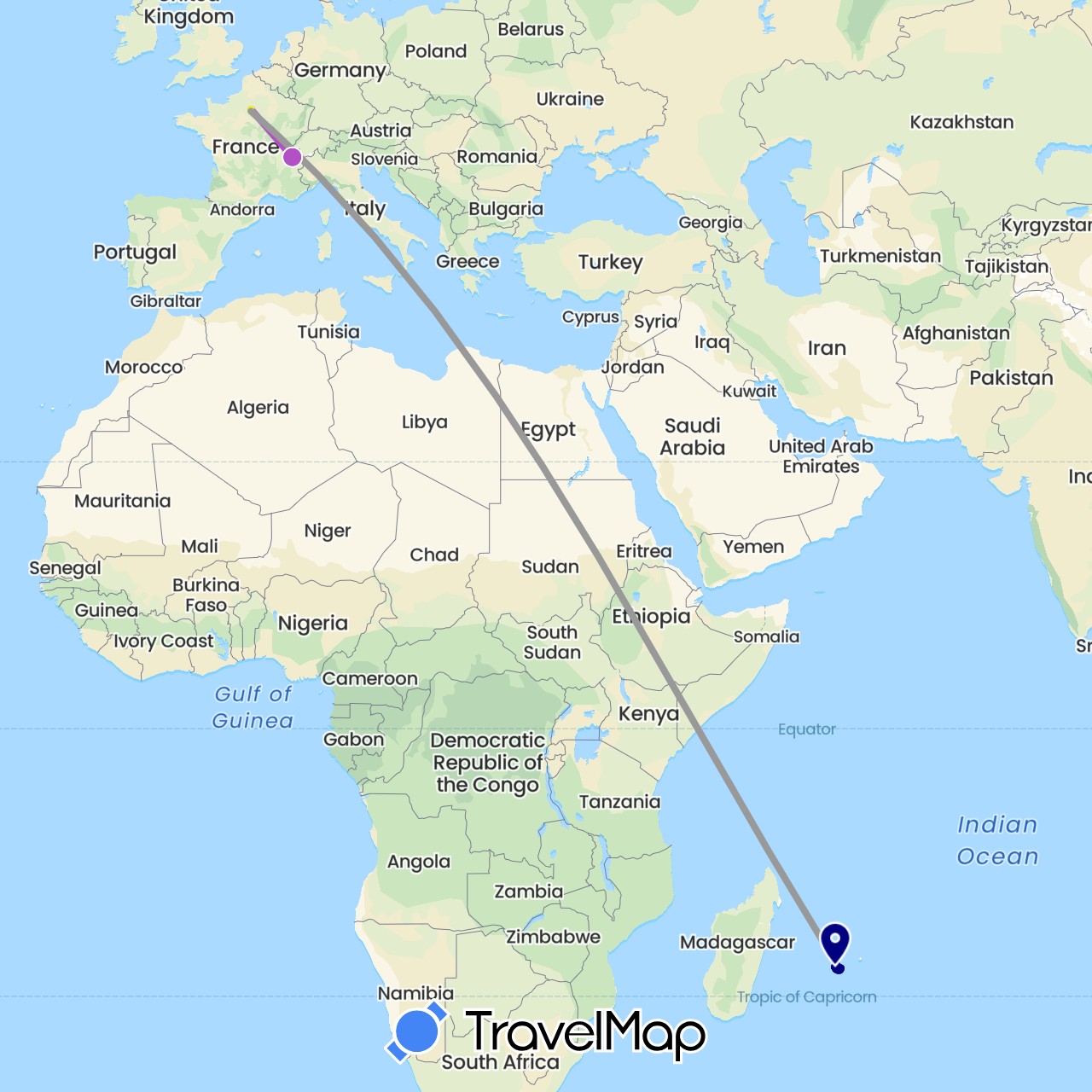 TravelMap itinerary: driving, plane, train, hiking, taxi in France (Europe)
