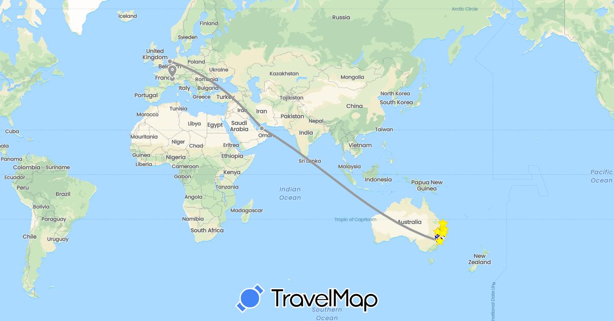 TravelMap itinerary: driving, bus, plane, hiking, boat, taxi, cheval, train in United Arab Emirates, Australia, Switzerland, Netherlands (Asia, Europe, Oceania)