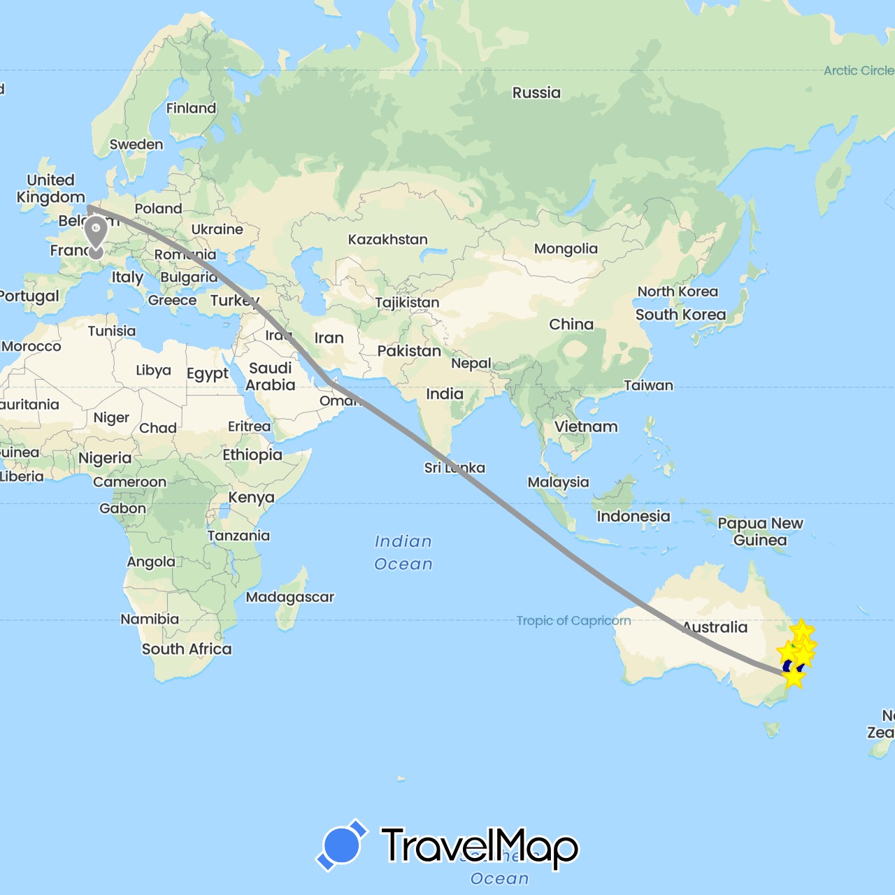 TravelMap itinerary: driving, bus, plane, hiking, boat, taxi, cheval, train in United Arab Emirates, Australia, Switzerland, Netherlands (Asia, Europe, Oceania)
