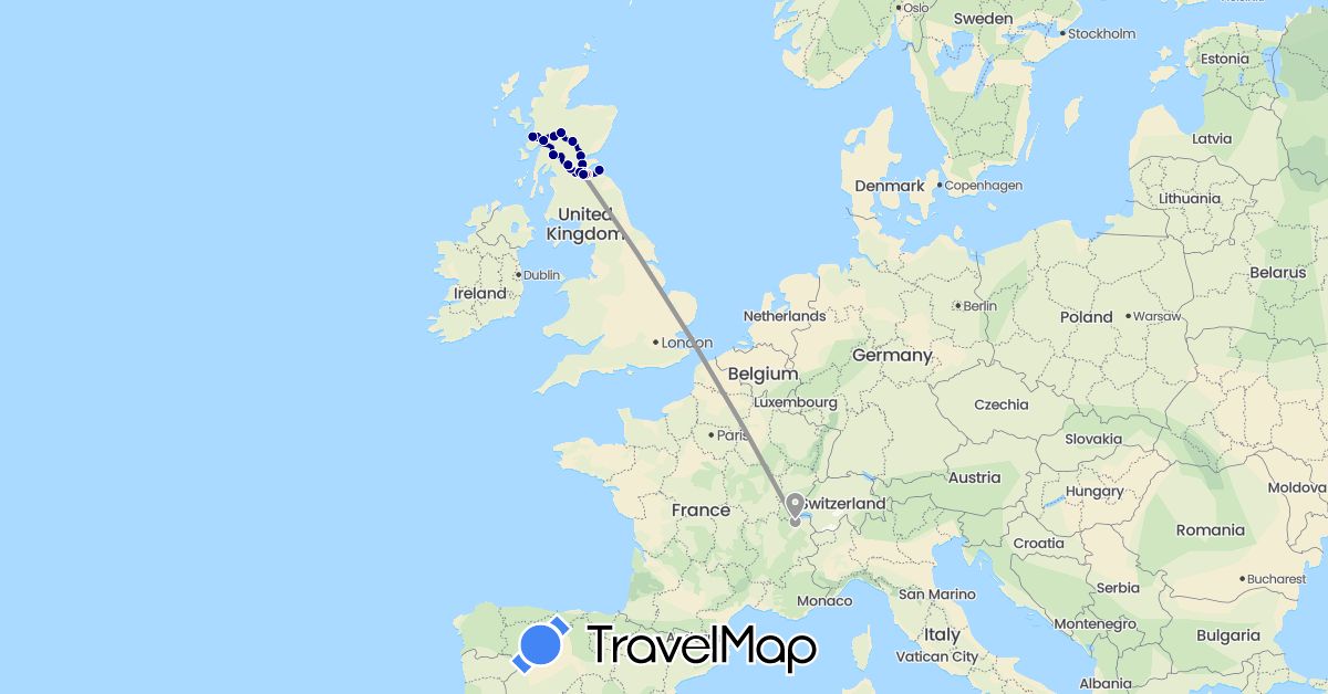 TravelMap itinerary: driving, plane, hiking in Switzerland, United Kingdom (Europe)
