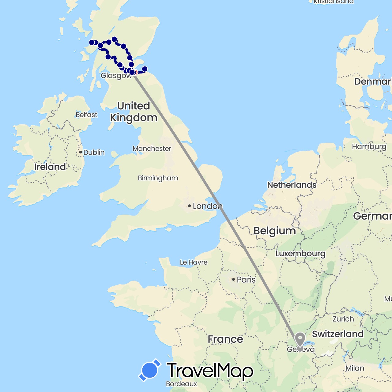 TravelMap itinerary: driving, plane, hiking in Switzerland, United Kingdom (Europe)