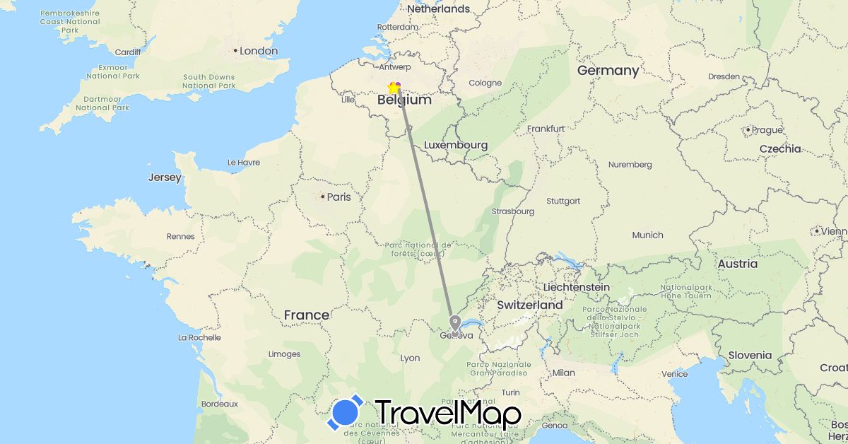 TravelMap itinerary: driving, bus, plane, train, hiking, tram, metro in Belgium, Switzerland (Europe)