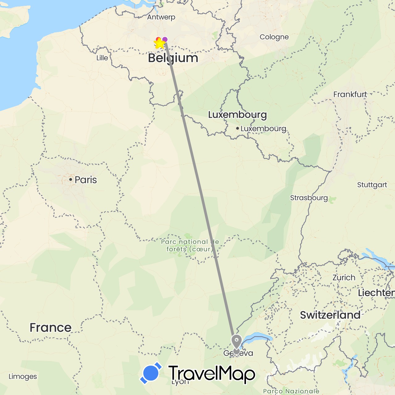 TravelMap itinerary: driving, bus, plane, train, hiking, tram, metro in Belgium, Switzerland (Europe)