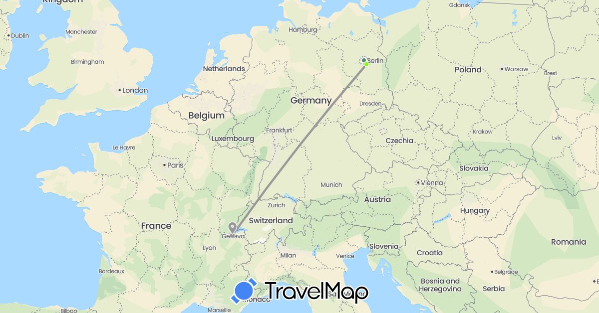 TravelMap itinerary: driving, bus, plane, train, hiking, train, tram, metro in Switzerland, Germany (Europe)