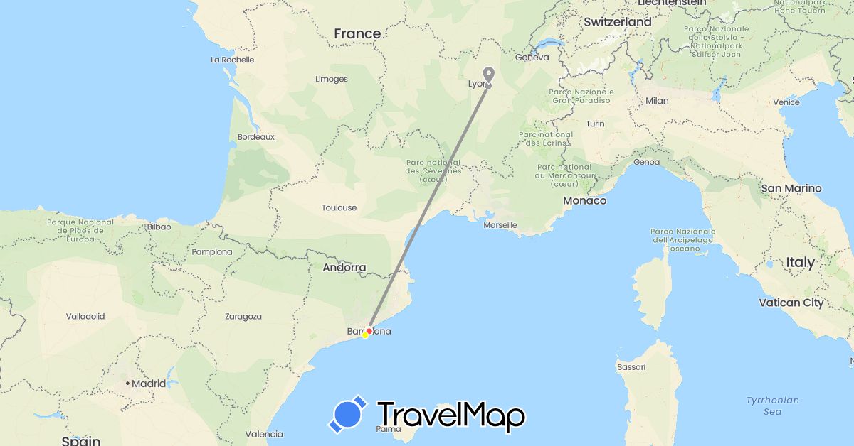 TravelMap itinerary: driving, plane, hiking, taxi, téléphérique in Spain, France (Europe)