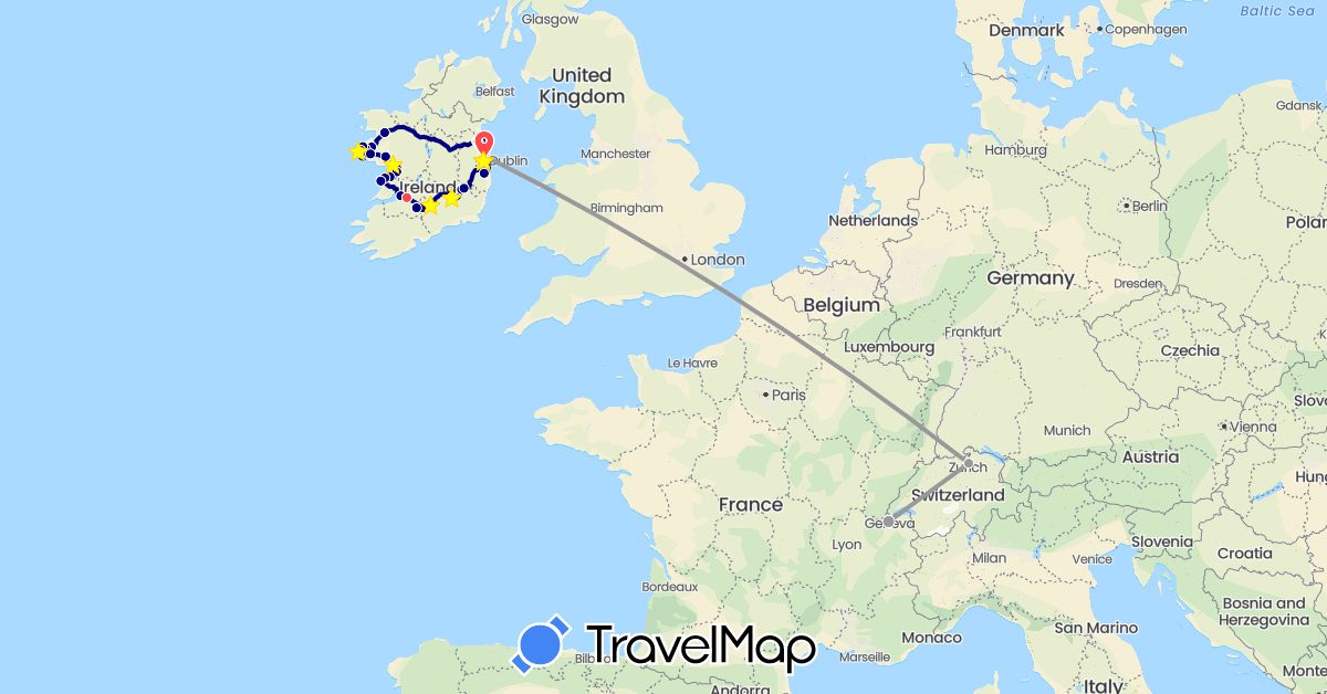 TravelMap itinerary: driving, bus, plane, hiking in Switzerland, Ireland (Europe)