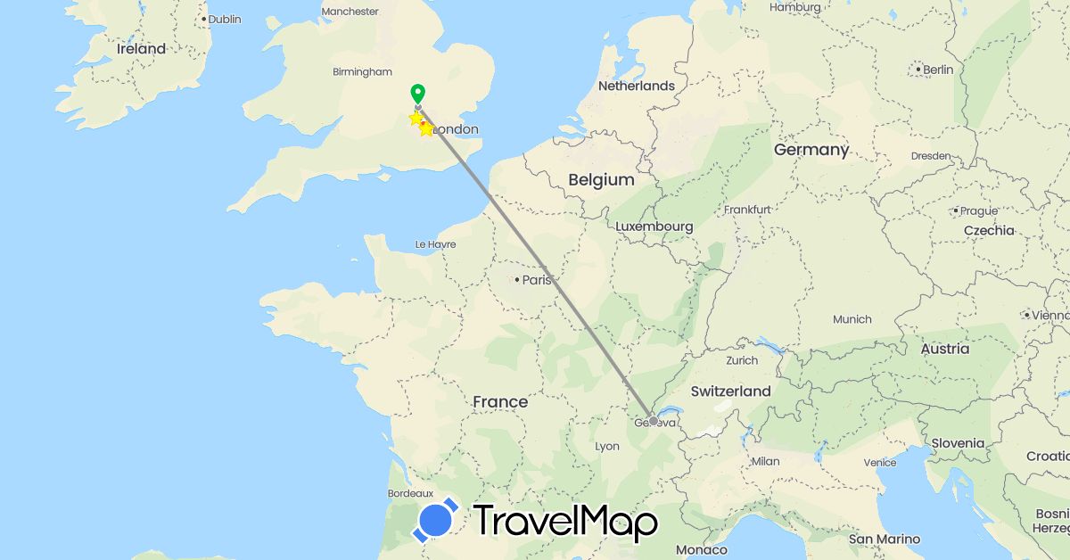 TravelMap itinerary: driving, bus, plane, hiking, taxi, metro in Switzerland, United Kingdom (Europe)