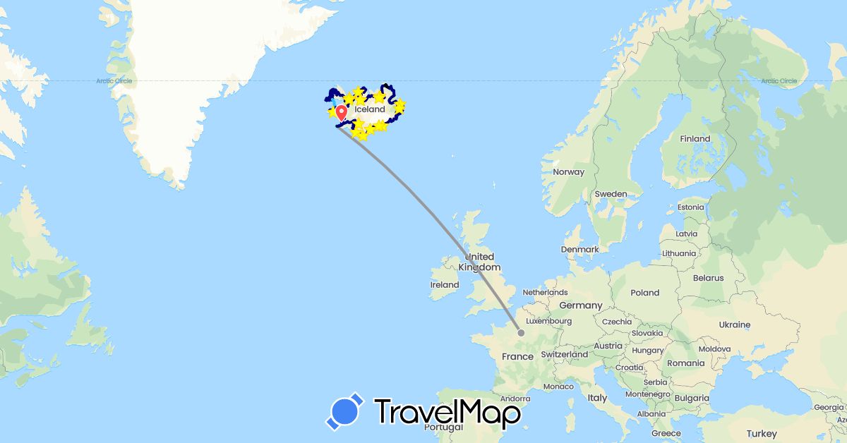 TravelMap itinerary: driving, bus, plane, hiking, boat, cheval, dépaneuse in France, Iceland (Europe)