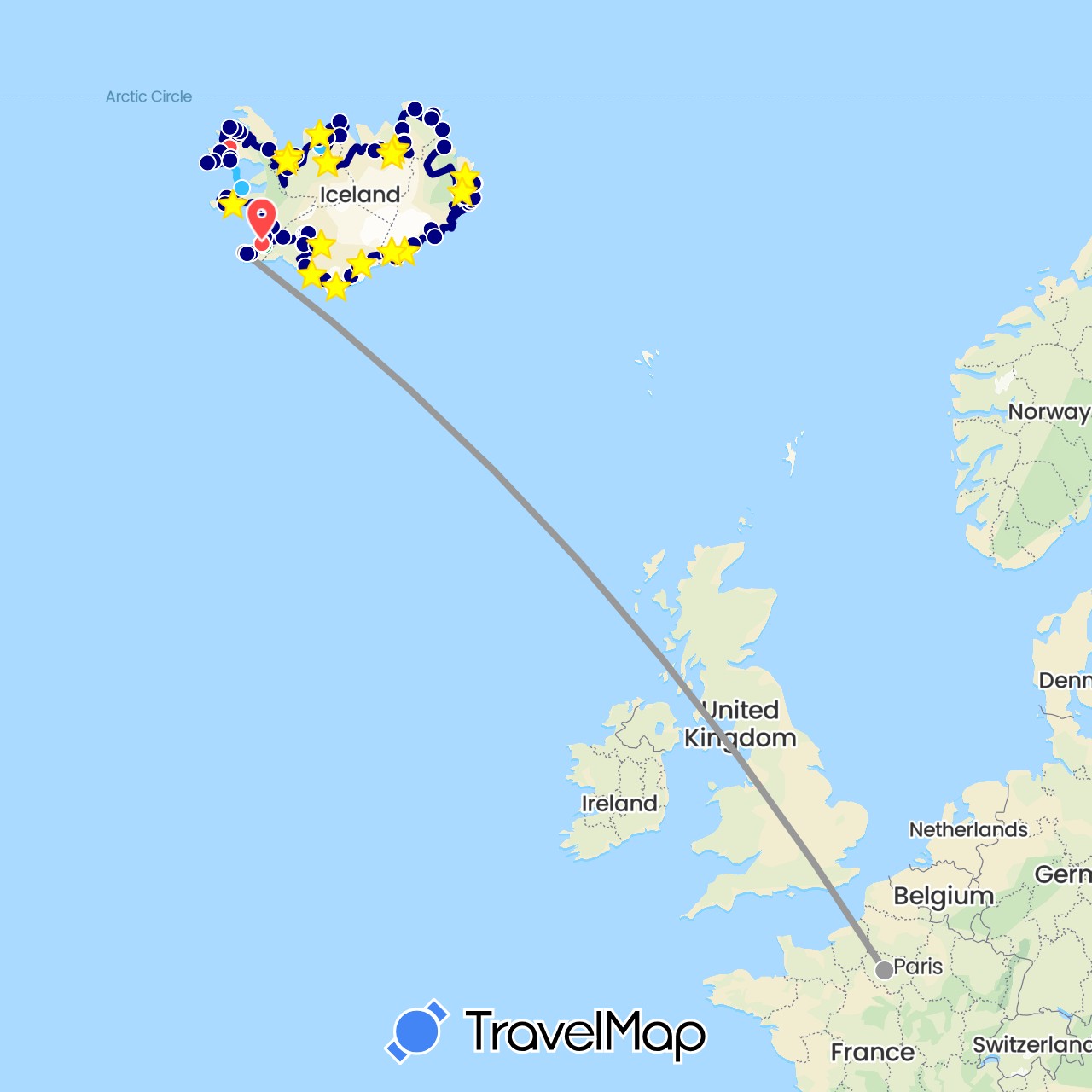TravelMap itinerary: driving, bus, plane, hiking, boat, cheval, dépaneuse in France, Iceland (Europe)